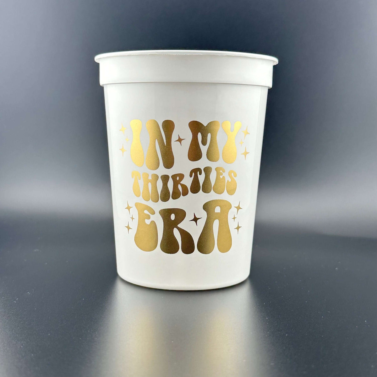 In My Thirties Era cups white with gold text 16-ounce
