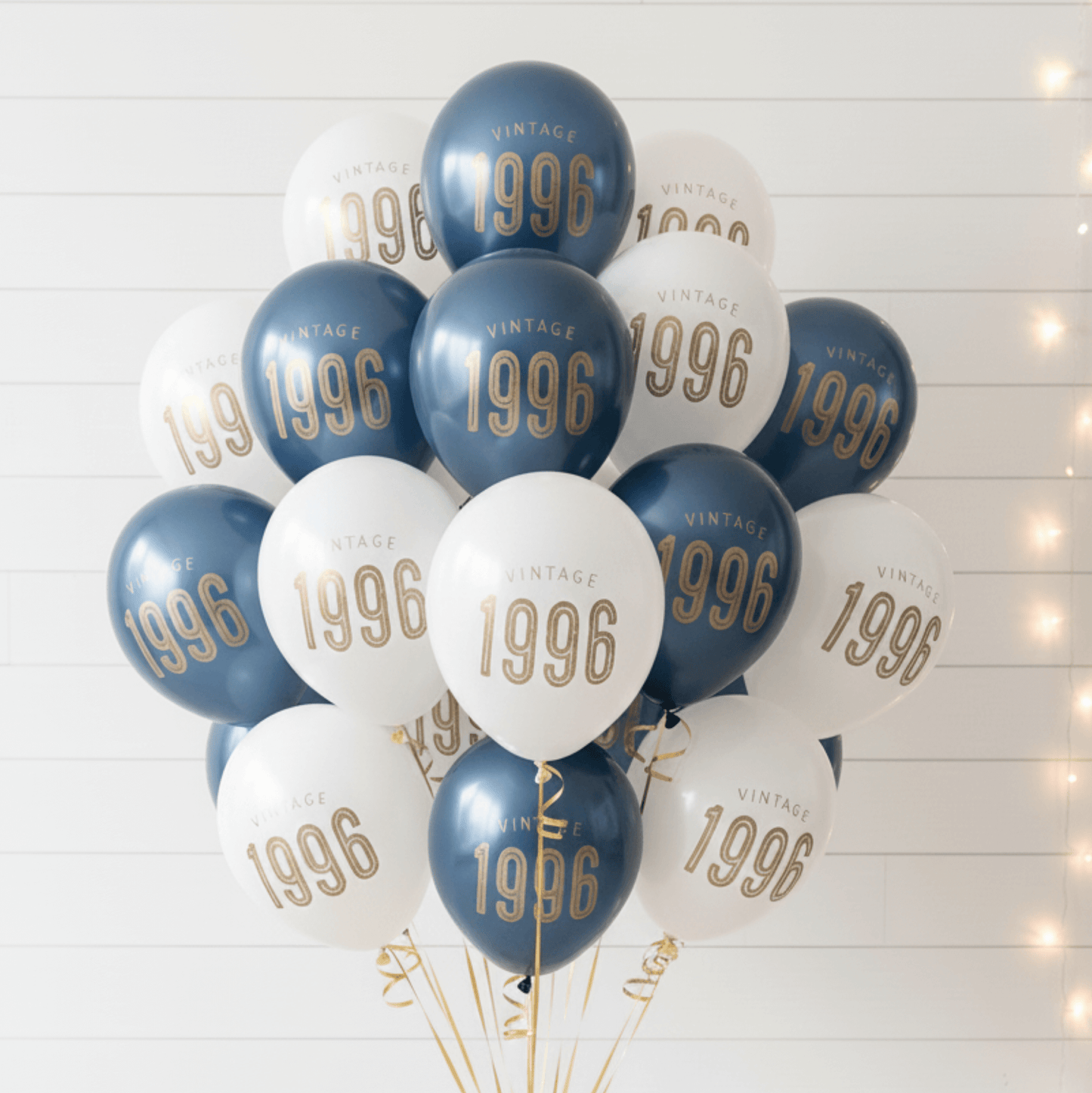 30th Birthday Balloons Navy and White Vintage 1996 in gold lettering