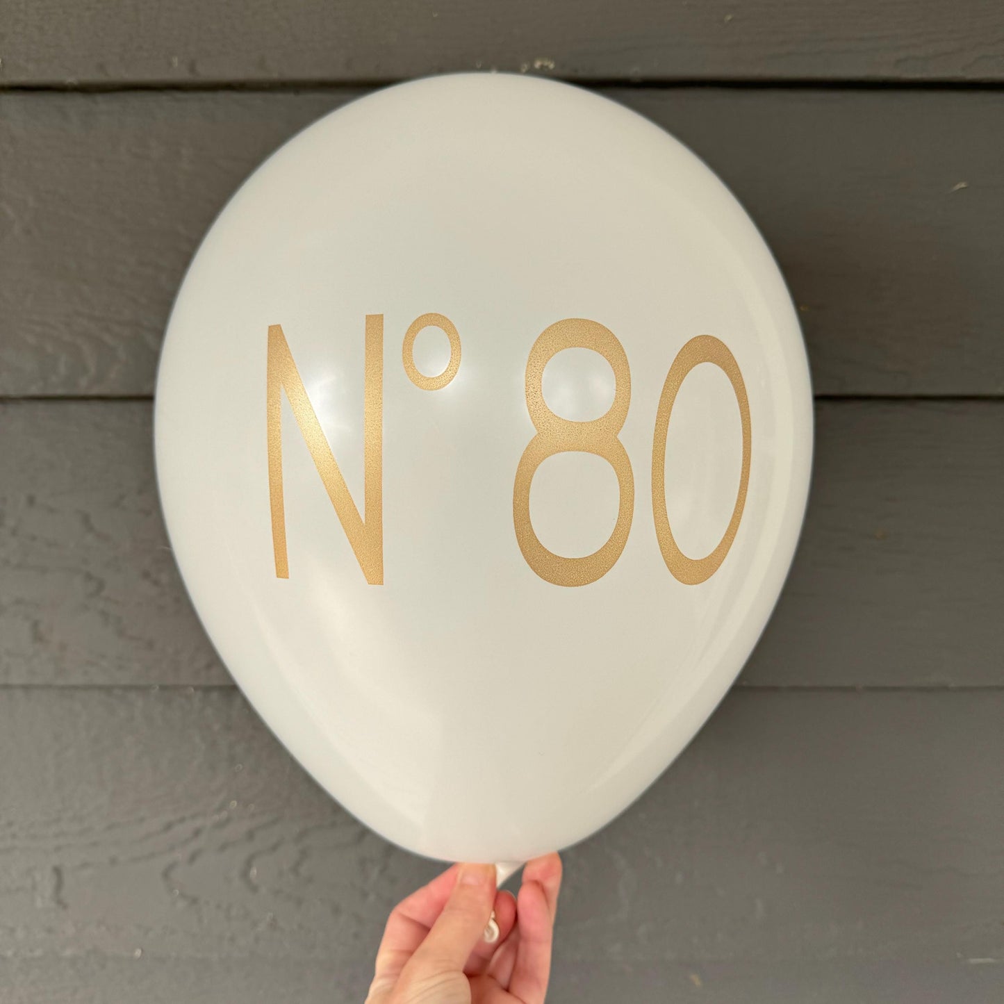 12 inch white latex balloon that reads No 80 in gold metallic font. 80th birthday decorations