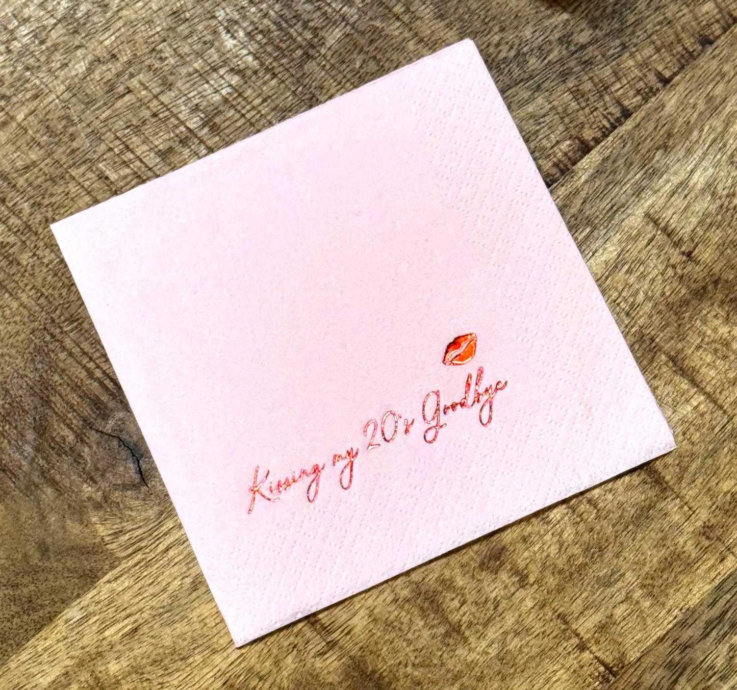 30th Birthday Cocktail Napkins- Kissing my twenties goodbye with lips in a red foil on a pink napkin