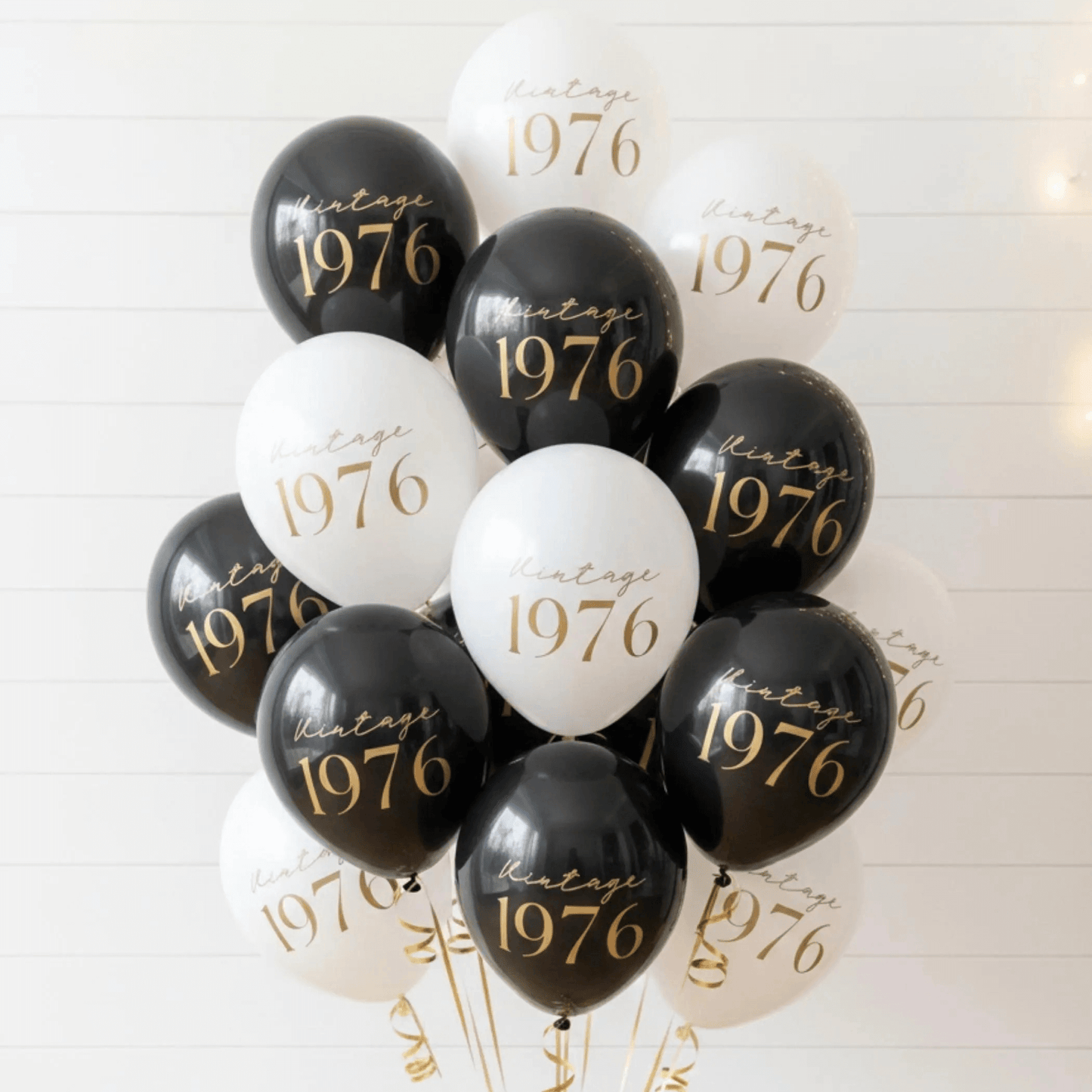 50th Birthday Balloons. Vintage 1956 Black and White with gold text. 50th Decorations