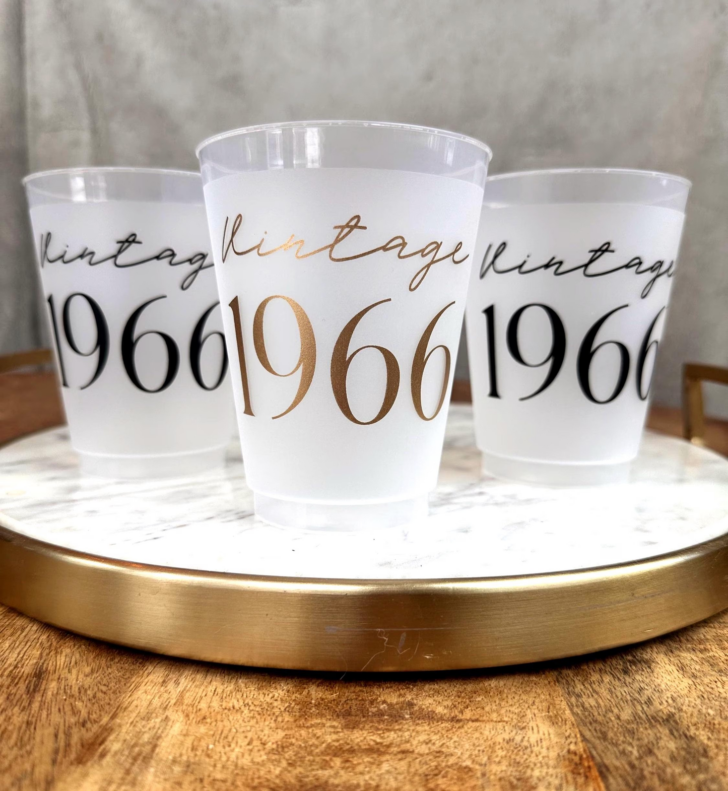 Vintage 1966 frosted cups in black and gold text 16-ounce 60th Party Favors