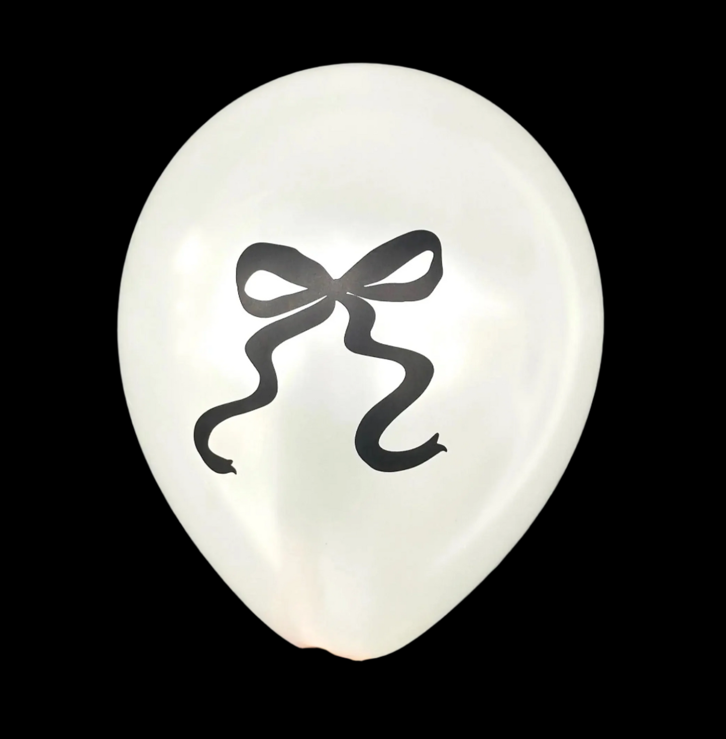 White latex balloon that has a bow in black ink