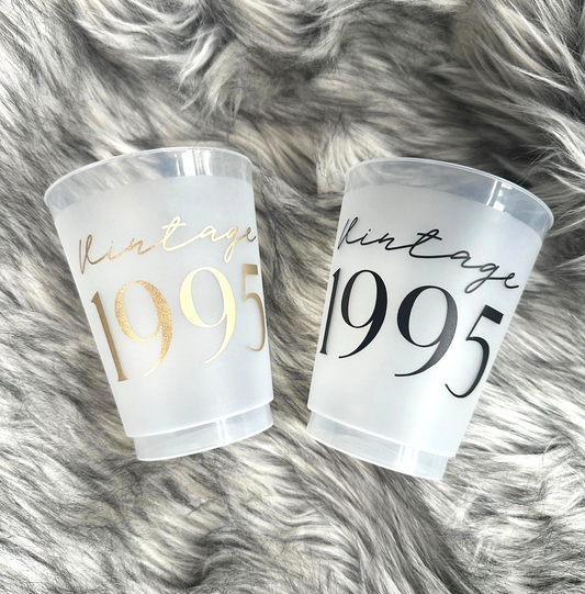 Frosted Vintage 1995 Cups, 16 ounce 30th Birthday Cups, Black or Gold Metallic Ink- Set of 8