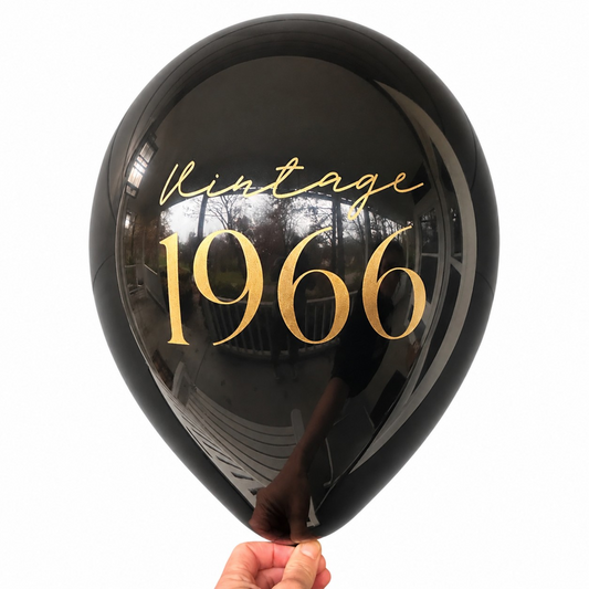 60th Birthday Balloons.  The balloon is black with gold font and reads Vintage 1966.  These make the perfect 60th Birthday Decor for a 60th Party Celebration