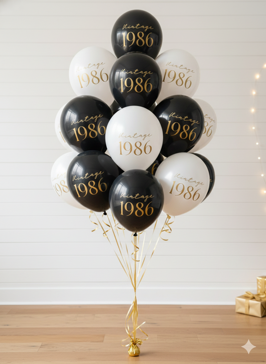 Bouquet of balloons with 'Vintage 1986' text on a white background