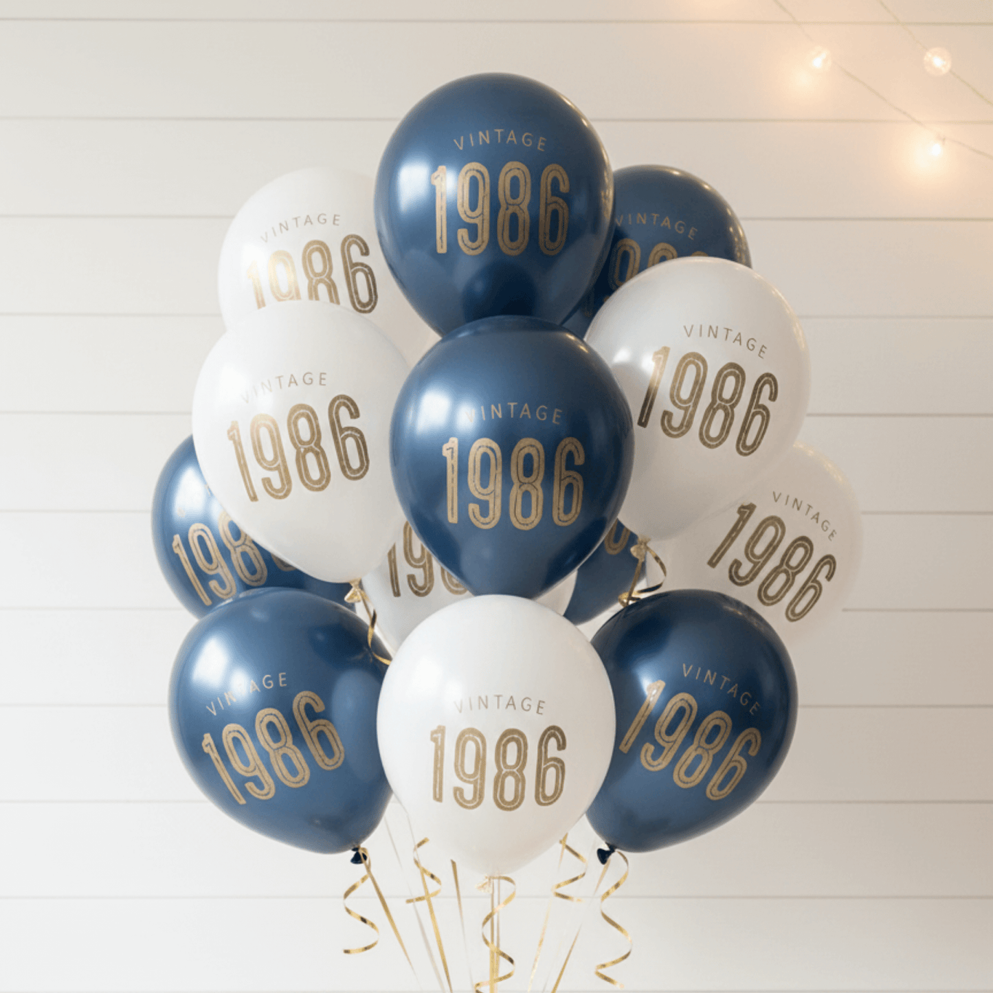 40th Birthday Balloons Vintage 1986 Navy and White with gold lettering