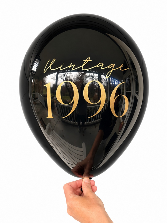 30th Birthday Balloons.  The balloon is black and reads Vintage 1996 in a gold font.  Perfect 30th Birthday Decorations