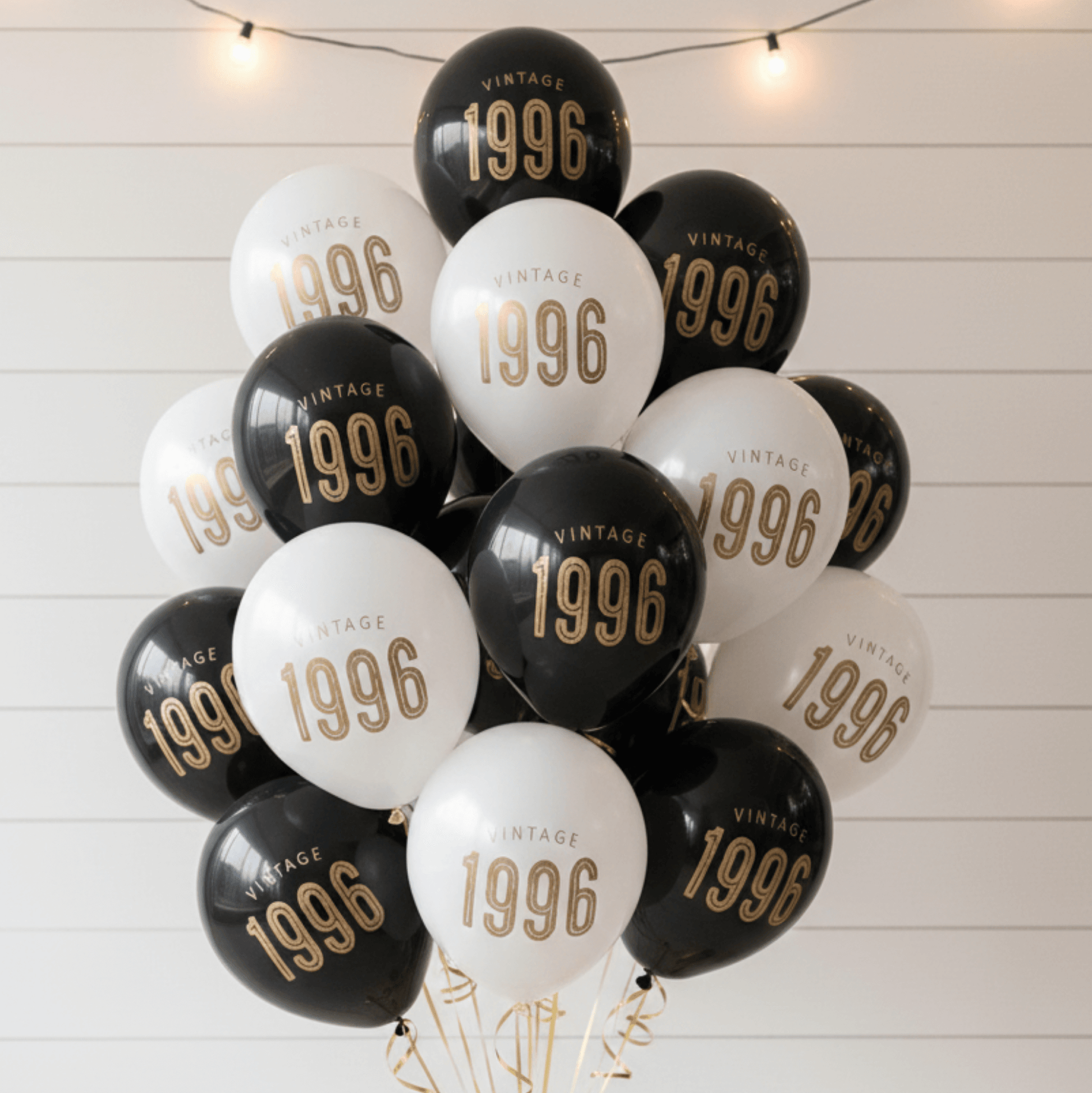 30th Birthday Balloons Black and White with gold Vintage 1996 lettering