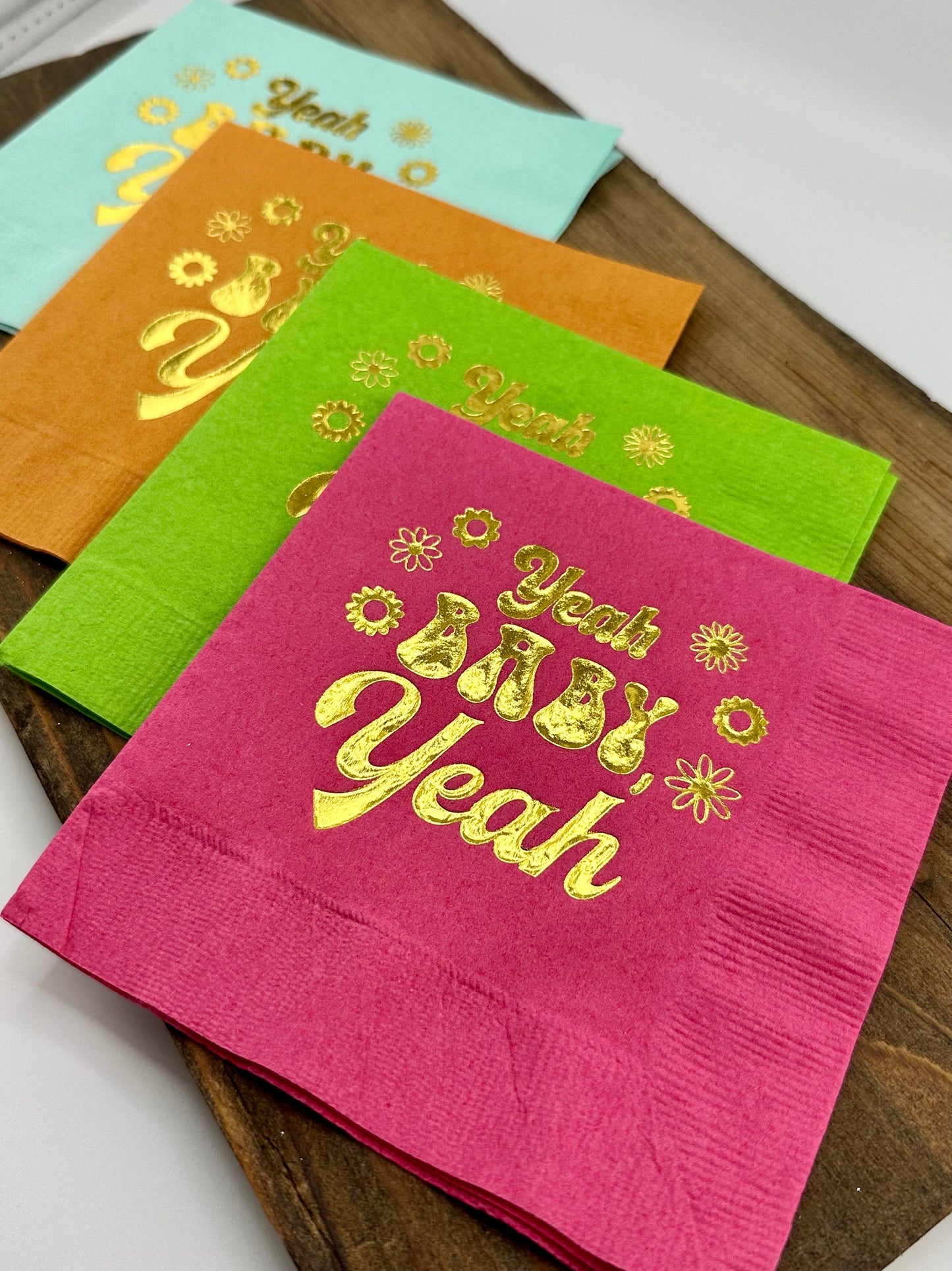 Yeah Baby Yeah" Cocktail Napkins – 20 Count, Retro Floral Design for Baby Showers & New Baby Celebrations