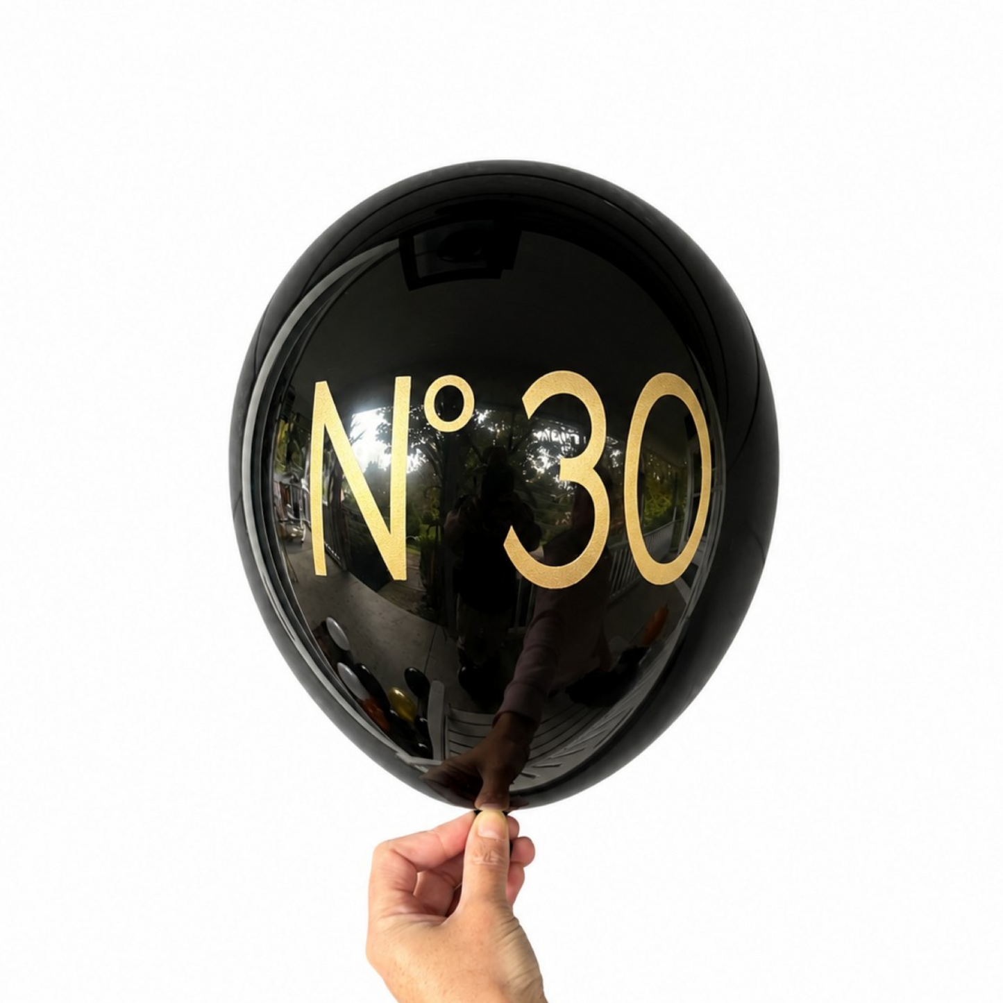30th Birthday balloons.  Black latex balloon that reads no 30 in gold text.  30th Birthday Decorations