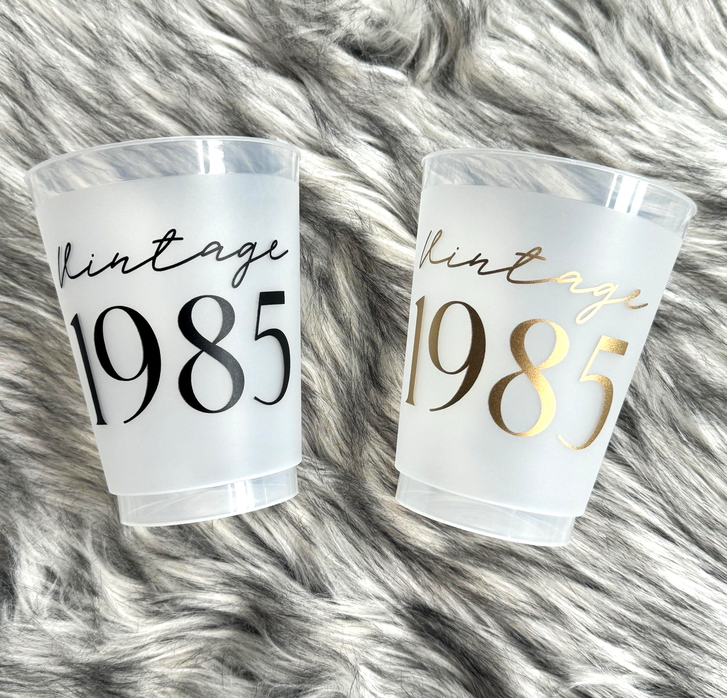 Frosted Vintage 1985 Cups, 40th Birthday 16 ounce Cups, Shatterproof, Set of 8