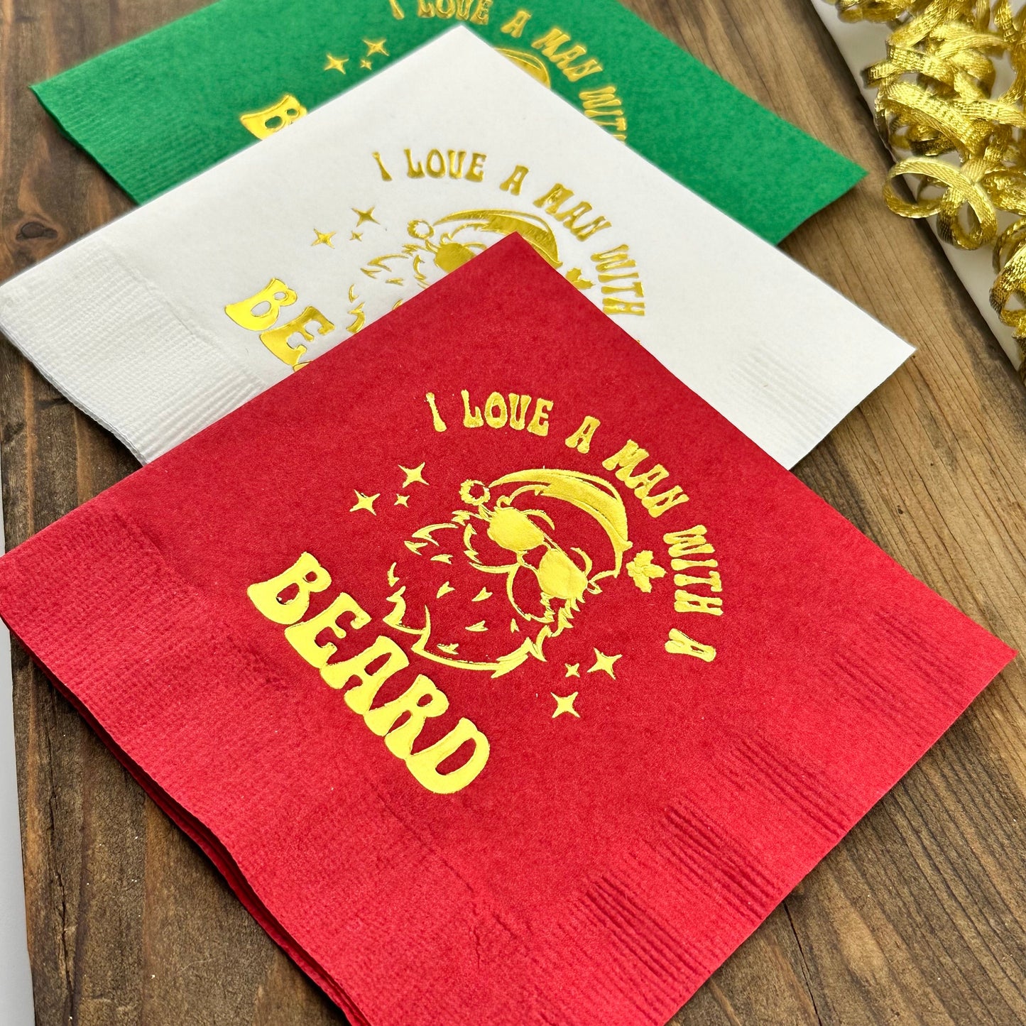 I Love A Man With A Beard Christmas Cocktail Napkins – Funny Holiday Party Napkins with Santa Design