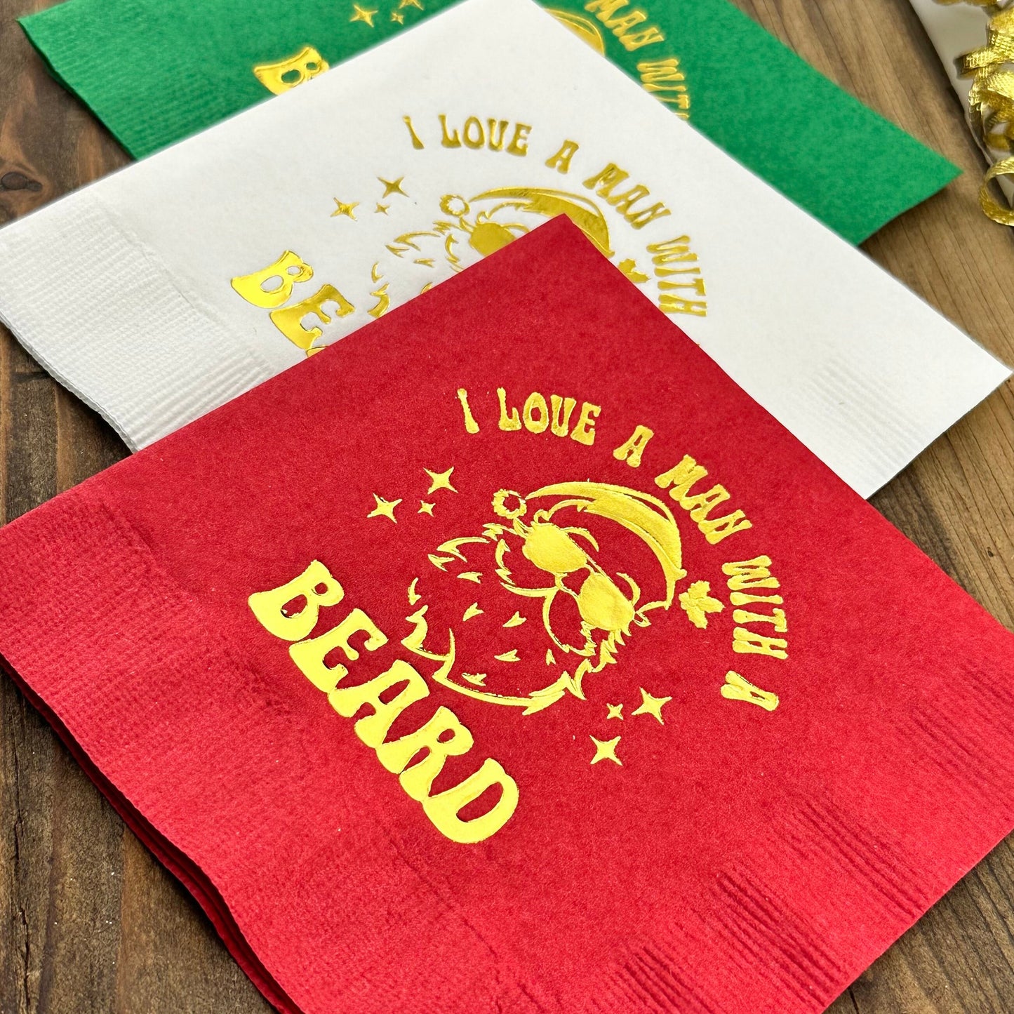 I Love A Man With A Beard Christmas Cocktail Napkins – Funny Holiday Party Napkins with Santa Design