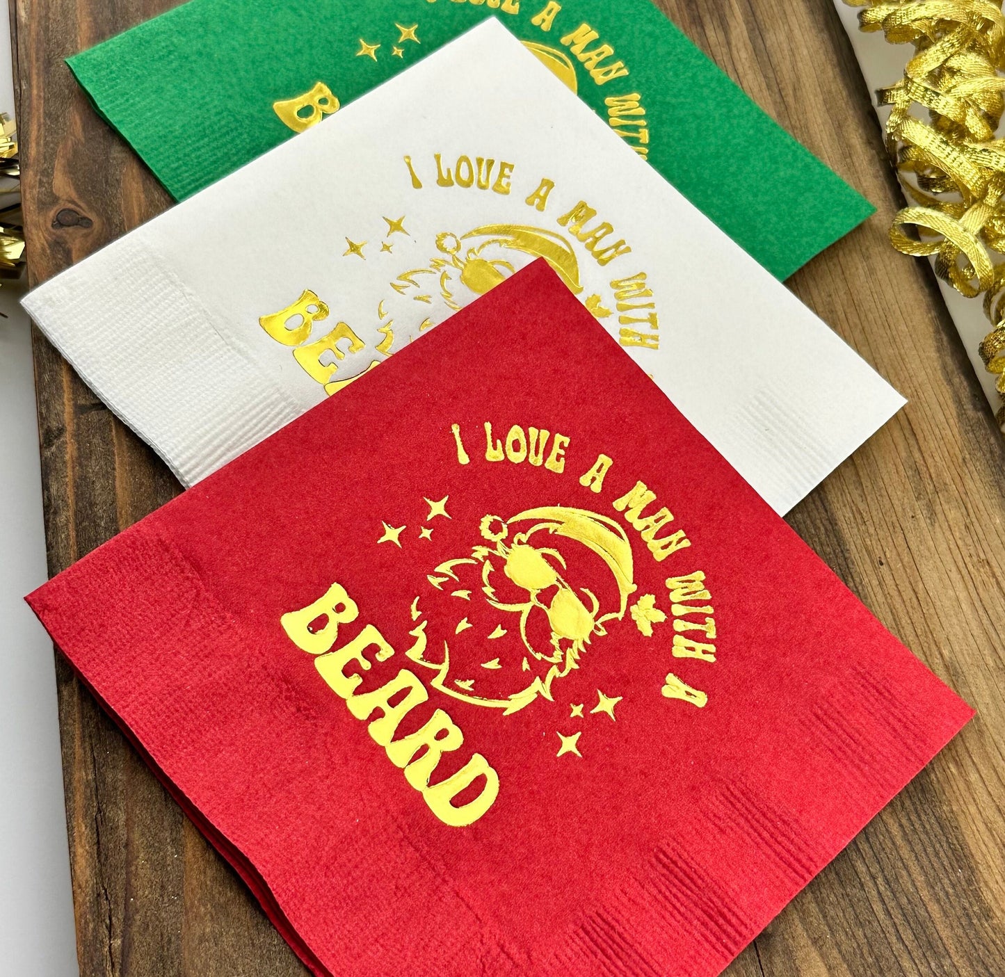 I Love A Man With A Beard Christmas Cocktail Napkins – Funny Holiday Party Napkins with Santa Design