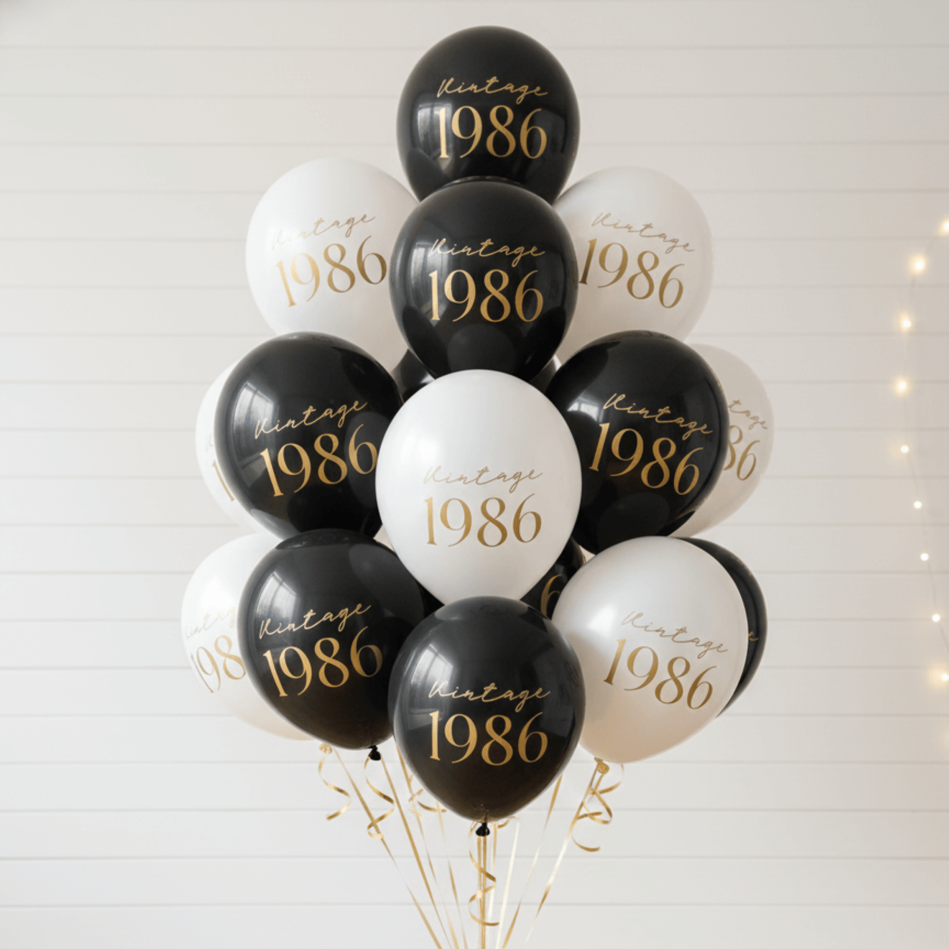 40th Birthday Balloons White and Black with gold text Vintage 1986