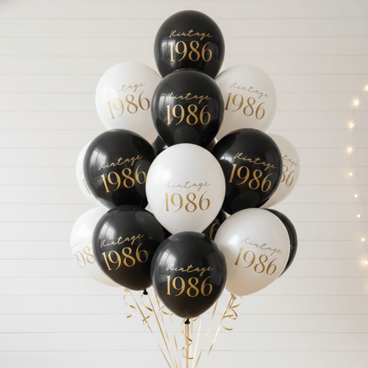 40th Birthday Balloons White and Black with gold text Vintage 1986