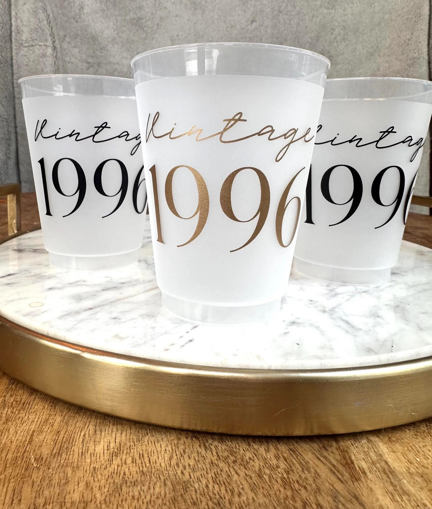 Vintage 1996 frosted cups in black and gold text 30th Party Favors