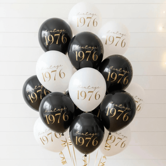 50th Birthday Balloons.  Vintage 1956 Black and White with gold text.  50th Decorations