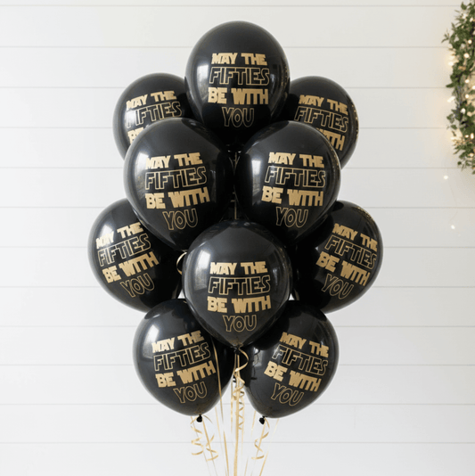 50th Birthday Balloons May the Fifties Be With You balloons black and gold