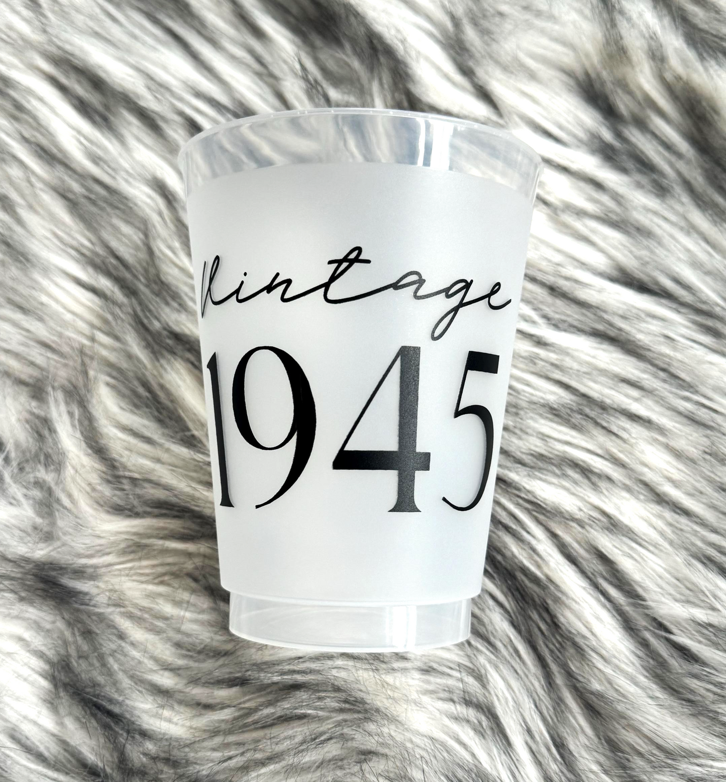 Vintage 1945 Frosted Flex Cups - 80th Birthday Party Cups -16 ounce, Gold or Black Ink, Set of 8