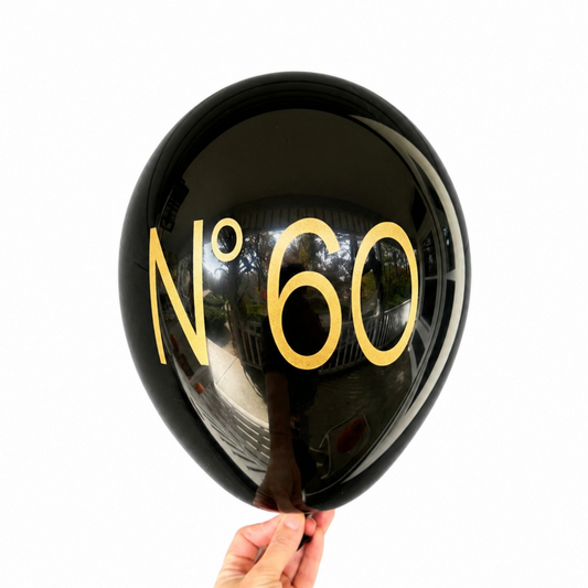 60th Birthday Balloons.  The balloon is black with gold text and reads no 60.  These make perfect 60th Birthday Decorations