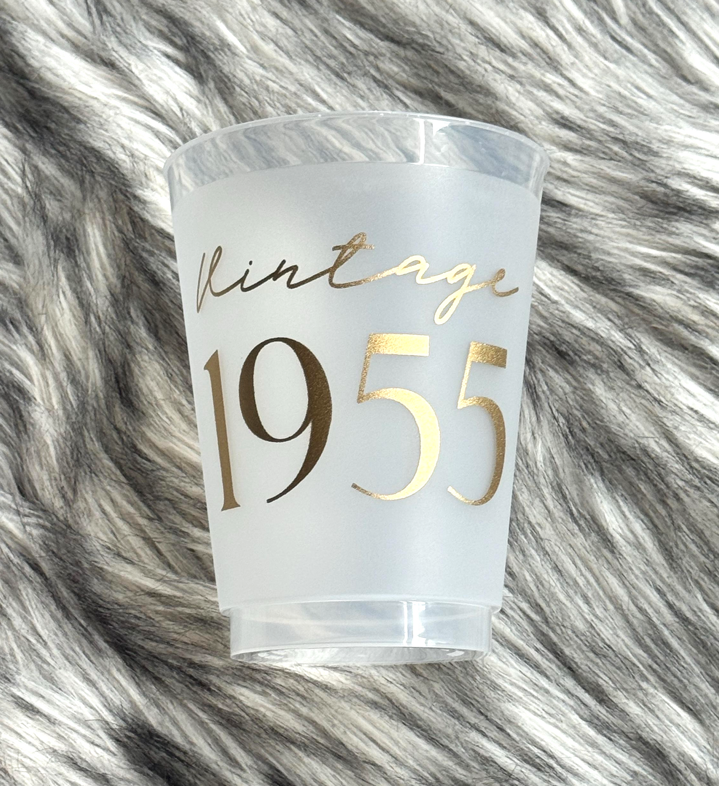 Vintage 1955 Frosted Flex Cups, 70th Birthday Cups, 16 ounce, Shatterproof, Black or Gold Ink, Set of 8