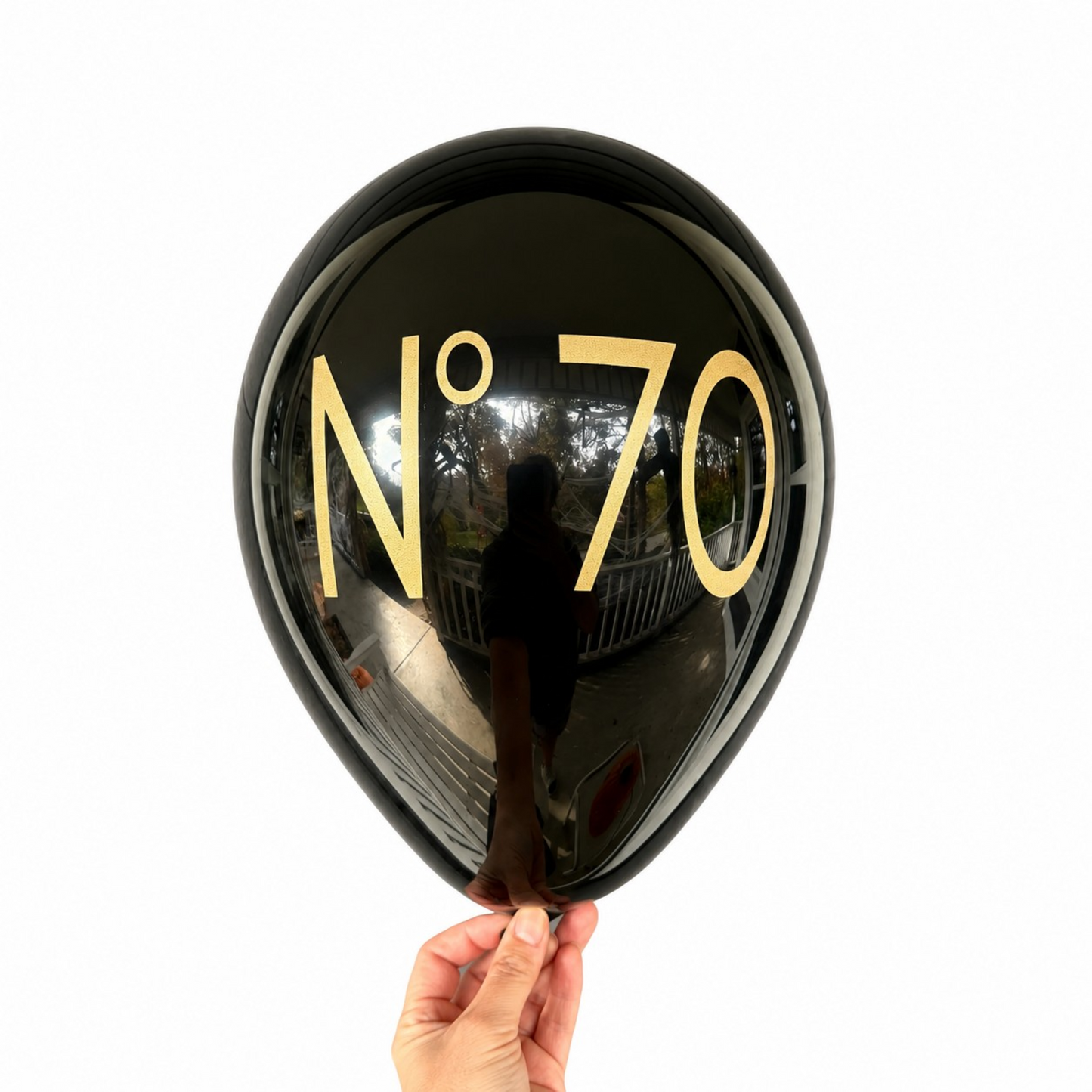 70th Birthday Balloons.  A black balloon with gold text that reads No 70.  Perfect 70th birthday decorations
