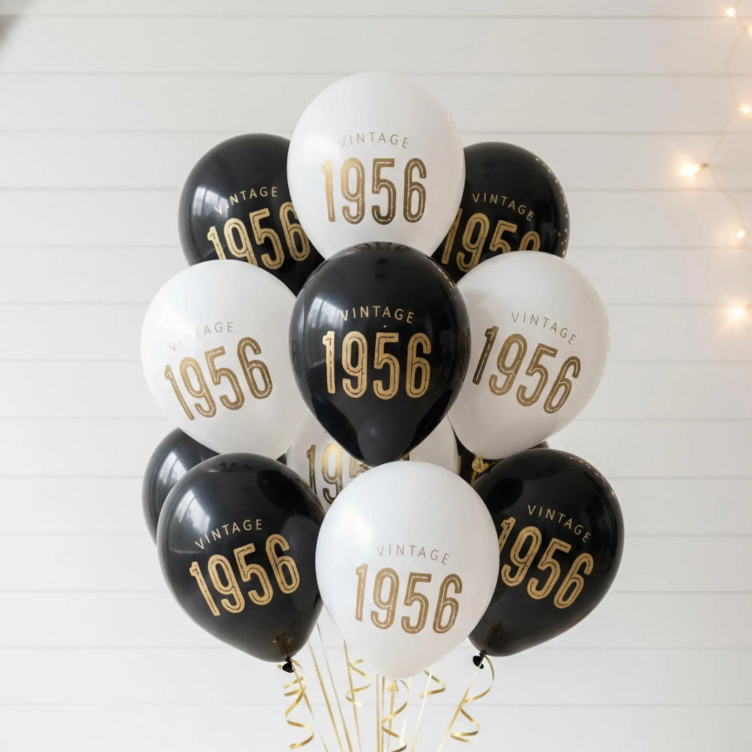 70th Birthday Balloons, Black and White Latex.  The balloons read Vintage 1956 in a bold gold font