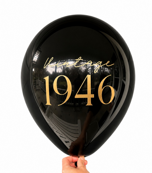 80th Birthday Balloons.  The balloon is black with gold font and reads Vintage 1946.  Perfect 80th Birthday Decorations