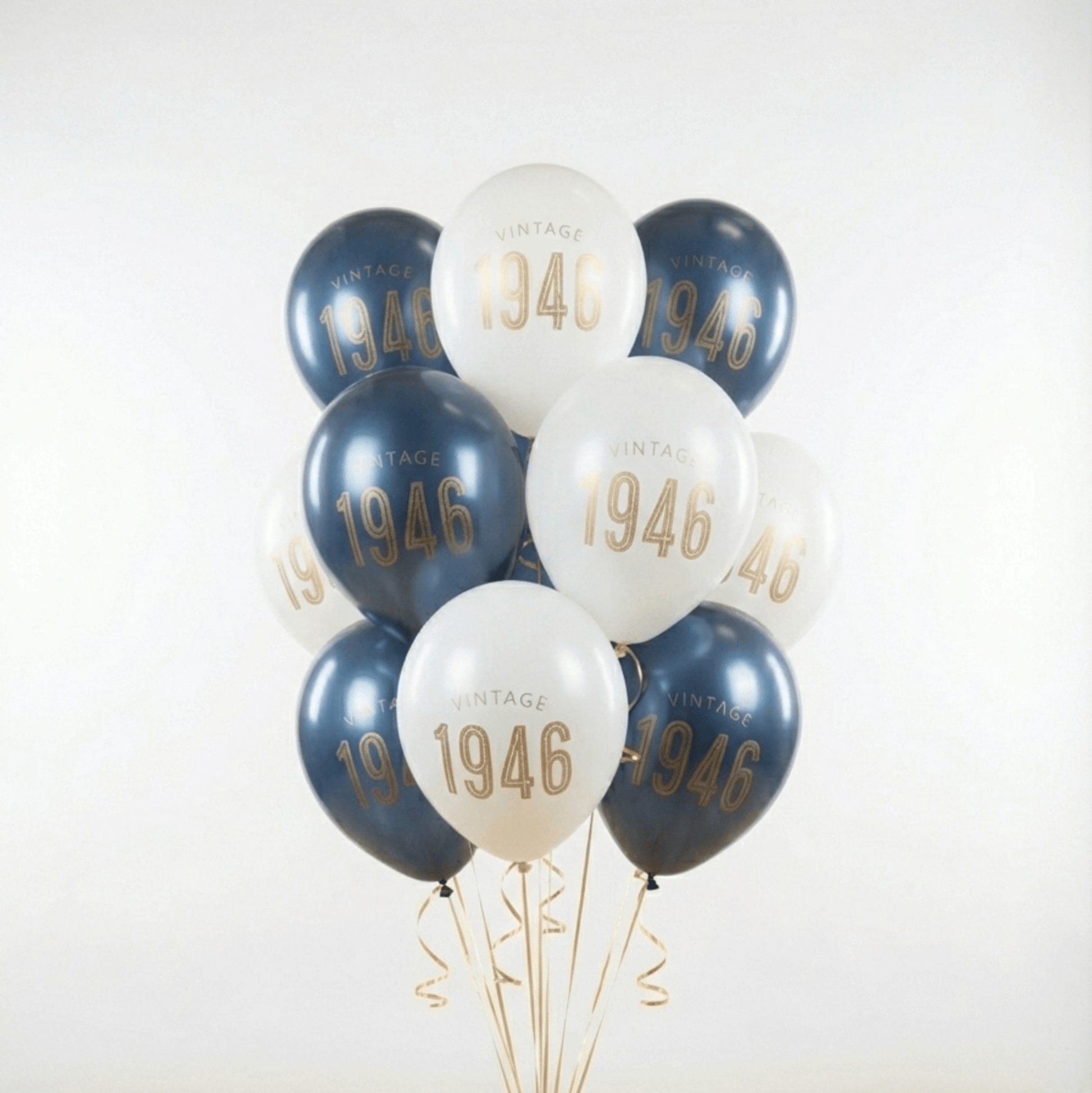 Bouquet of 80th Birthday Balloons Navy and White with gold lettering reading Vintage 1946