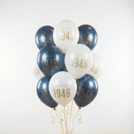Bouquet of 80th Birthday Balloons Navy and White with gold lettering reading Vintage 1946