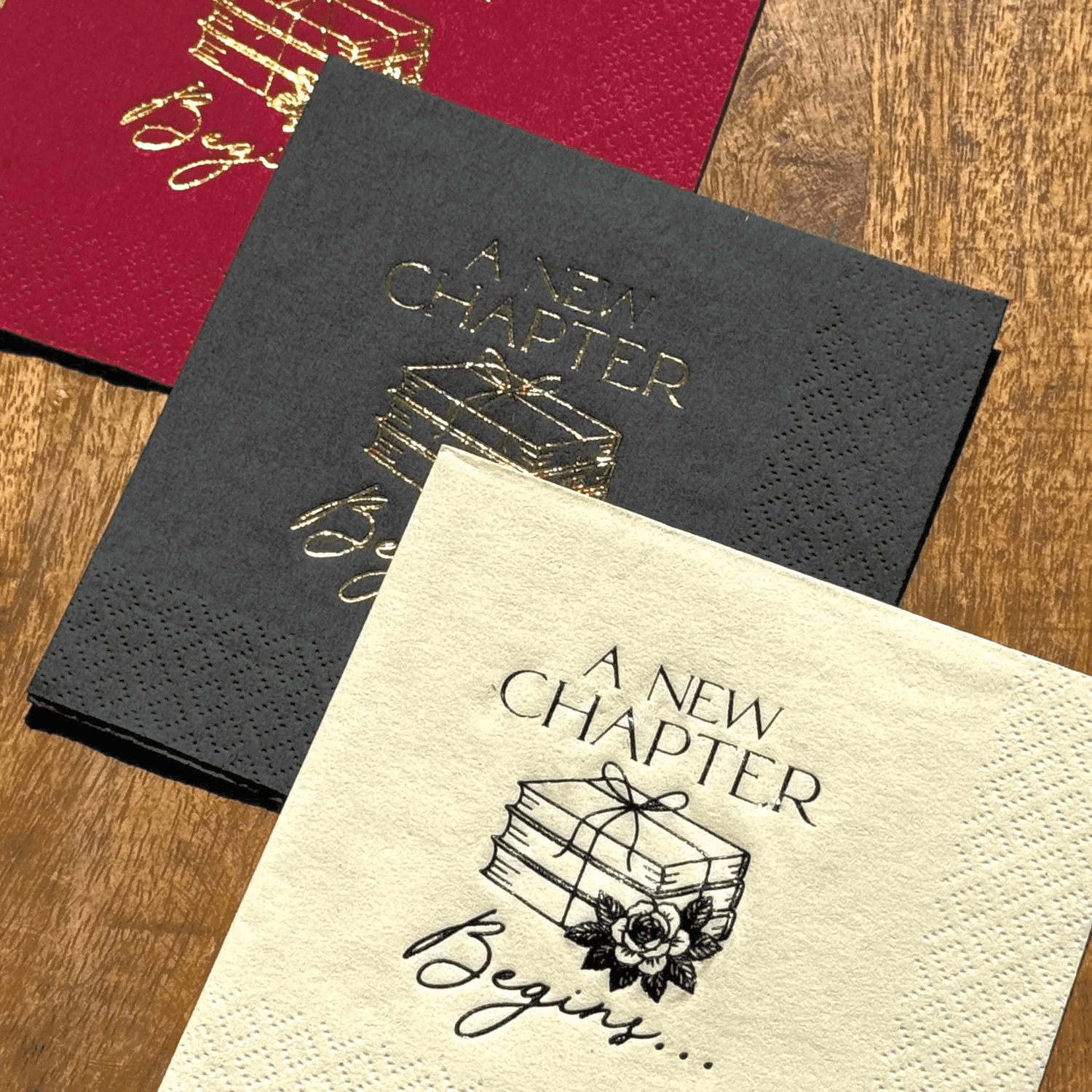 A New Chapter Begins cocktail napkins foil stamped