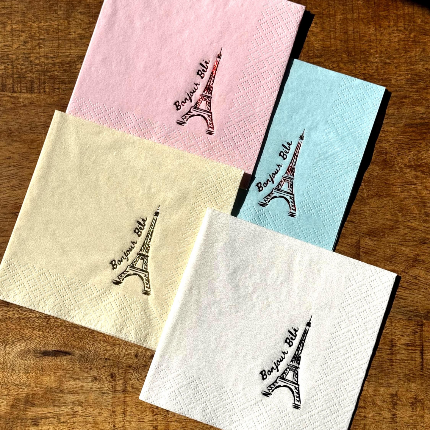 Bonjour Bebe baby shower napkins stamped in foil with an Eifel Tower