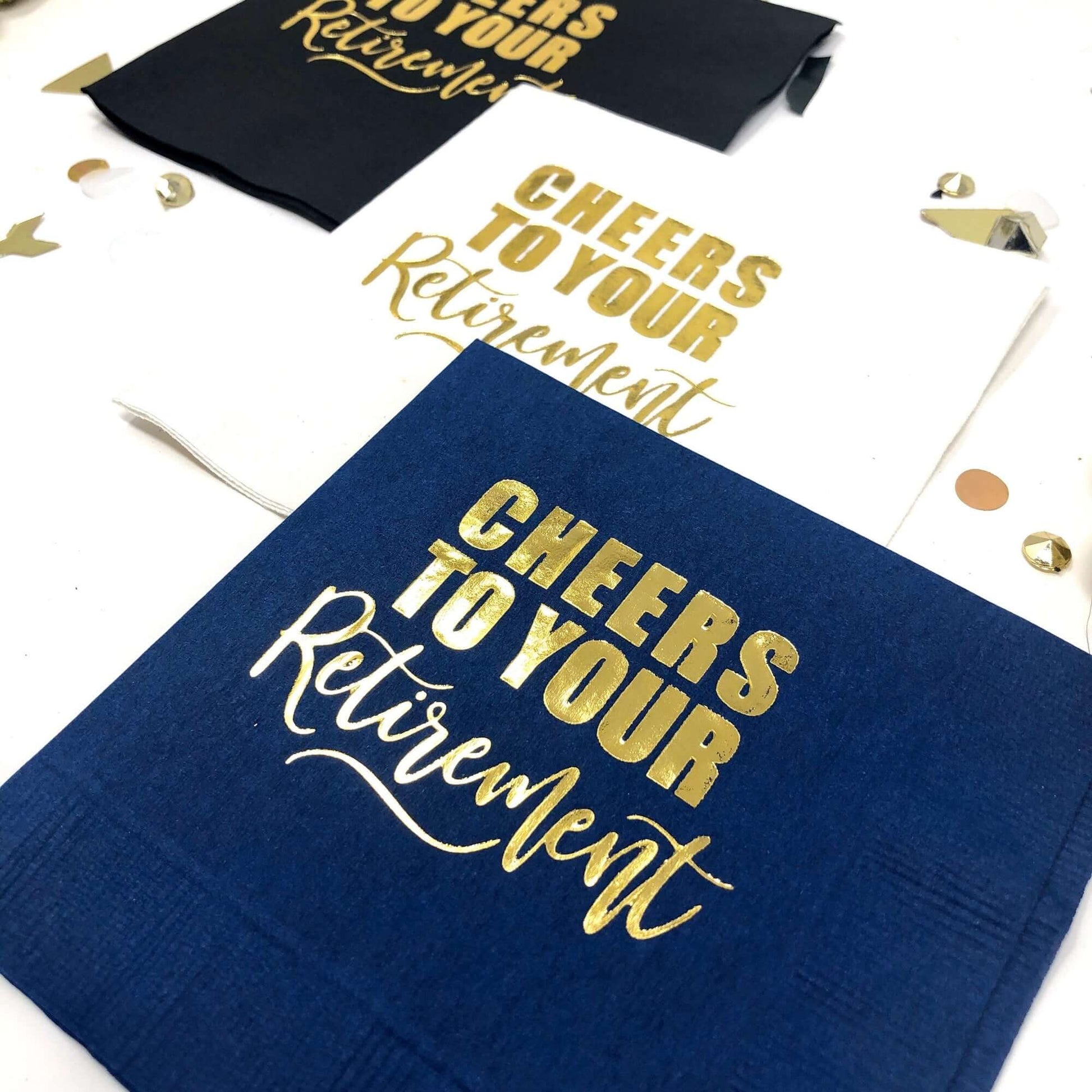 Cheers to Your Retirement napkins foil stamped