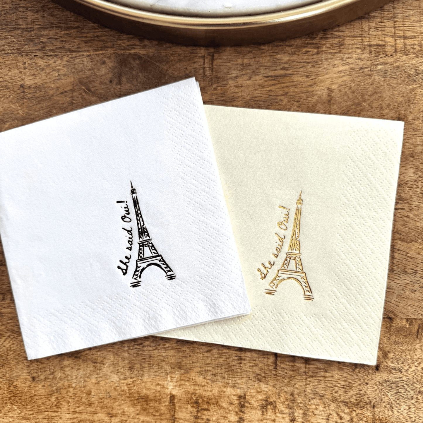 Cocktail Napkins that read She Said Oui. Next to the Eifel Tower.  Parisian Engagement Party Napkins.  Foil Stamped