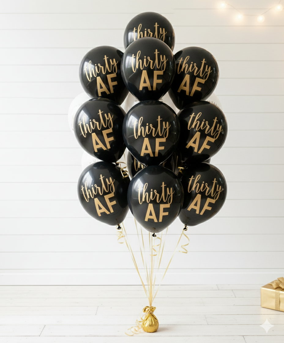 Black balloons with 'thirty AF' text on a white background