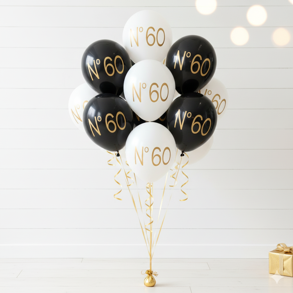 Black and white balloons with 'No. 60' text on a white background