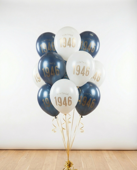 Bunch of balloons with '1946' printed on them against a white background