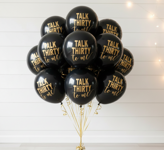 Black balloons with 'Talk Thirty to Me' text on a white background