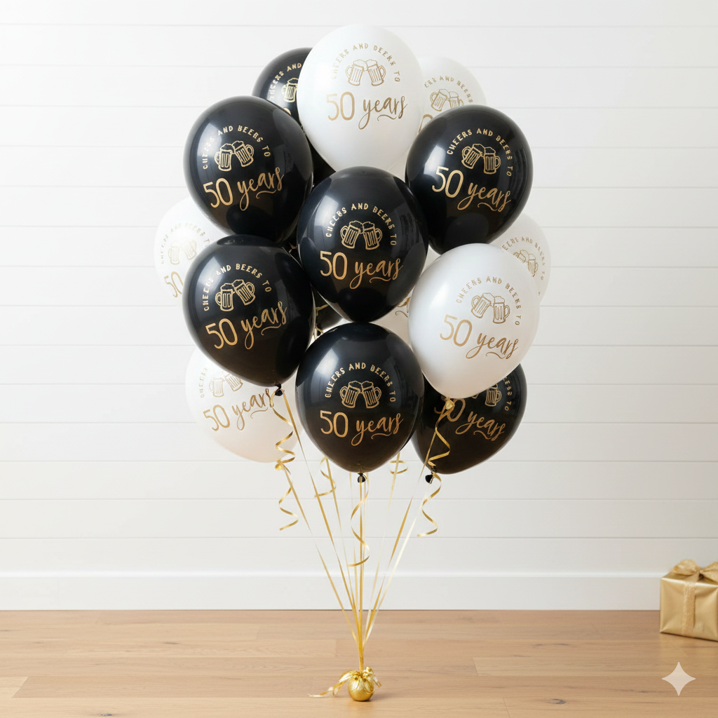 Bouquet of black and white balloons with 'Cheers and Beers to 50 years' text on a wooden floor.