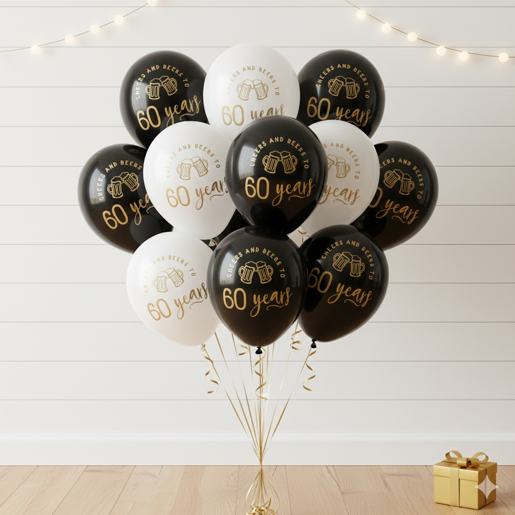Bouquet of black and white balloons with 'Cheers and Beers to 60 years' text on a wooden floor with a gift box.