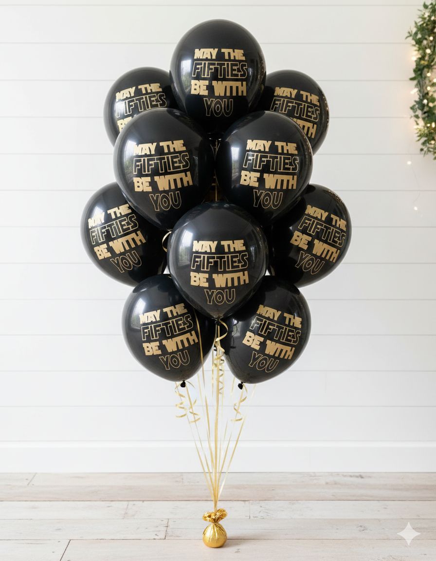 Black balloons with gold text May the Fifties be with you on a white background