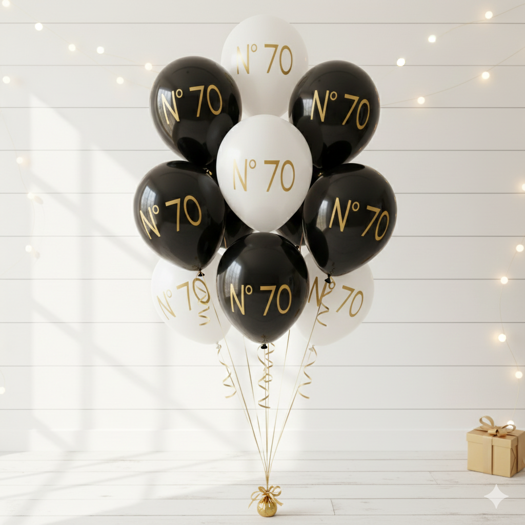 Black and white balloons with 'No. 70' text on a wooden background