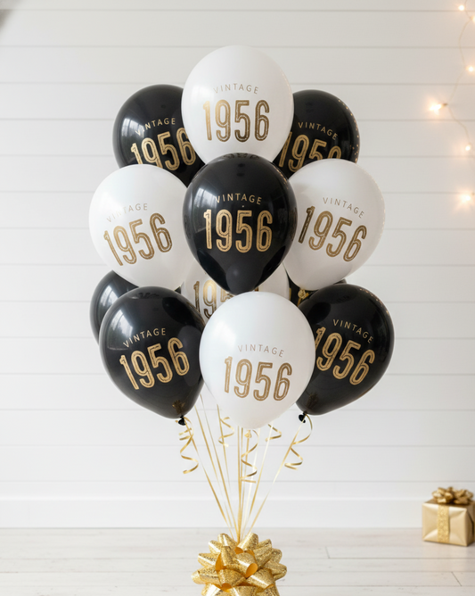 Bouquet of balloons with 'Vintage 1956' text on a white background
