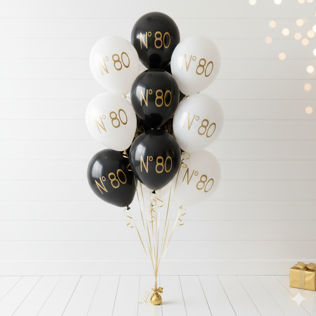 Black and white balloons with 'No. 80' text on a white background