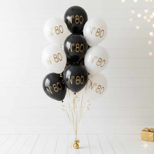 Black and white balloons with 'No. 80' text on a white background
