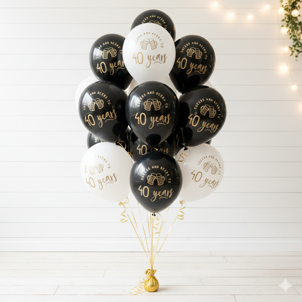 Bouquet of black and white balloons with 'cheers and beers to 40 years' text on a white background