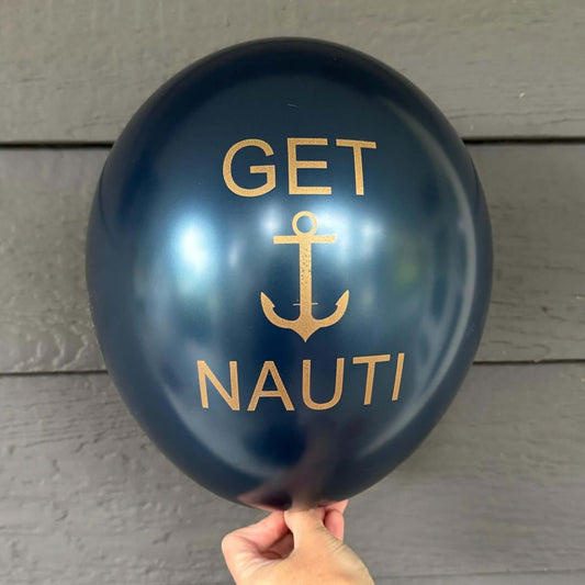 Get Nauti balloons 12 inch navy with an anchor in gold metallic font.  Nautical themed balloon