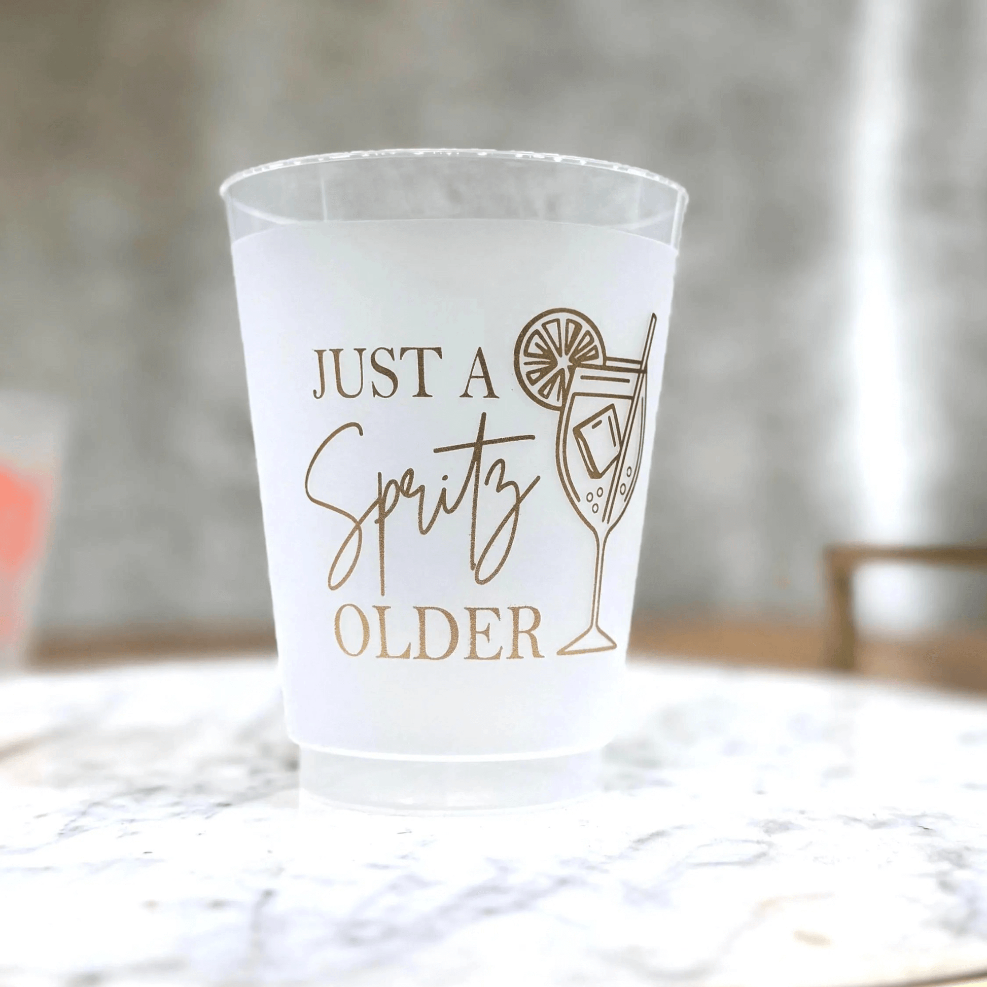 Just a Spritz Older Party Cups Frosted with Gold Ink